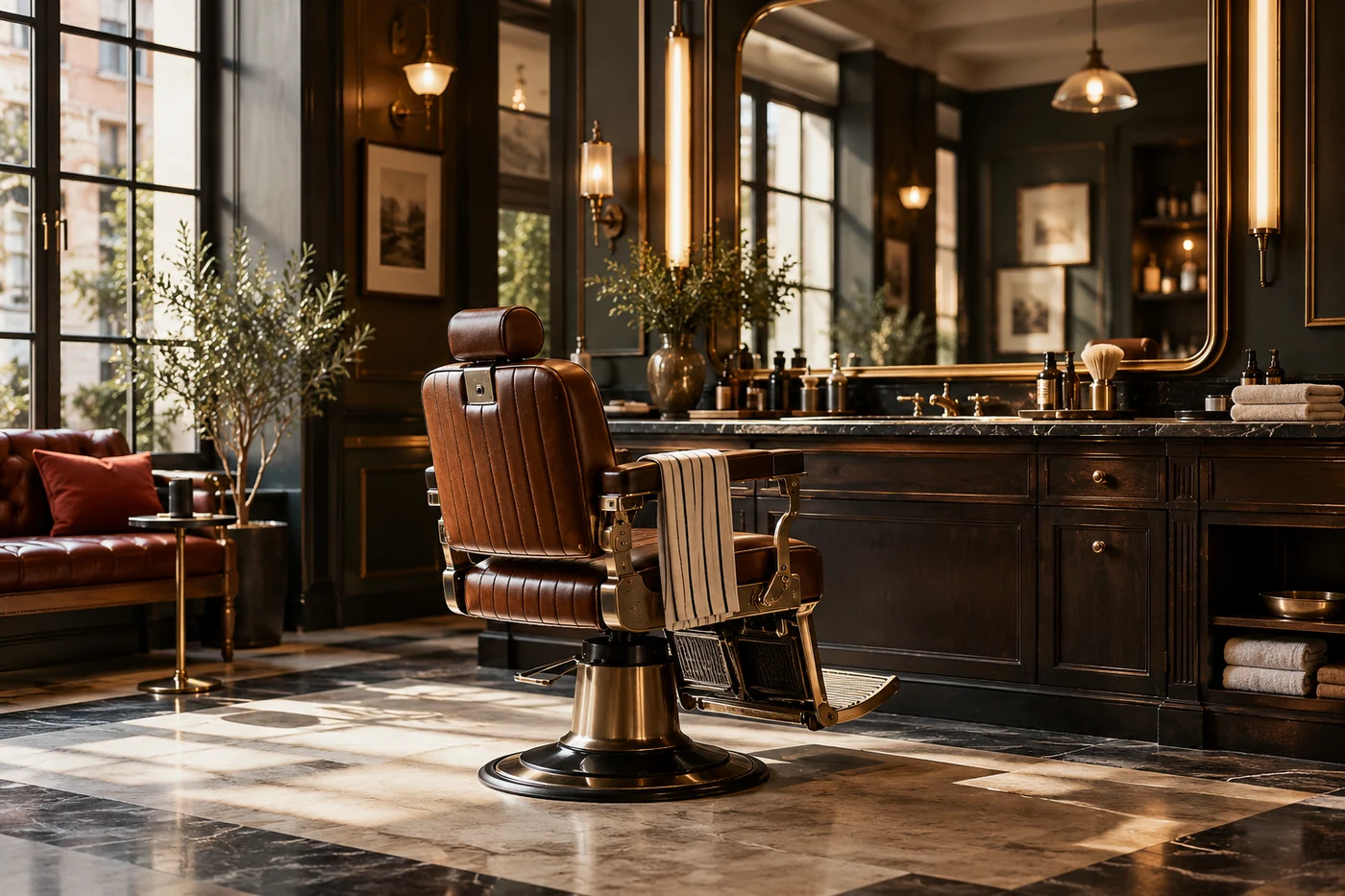 Illustrative barbershop with a brown leather chair, dark wood and brass finishes