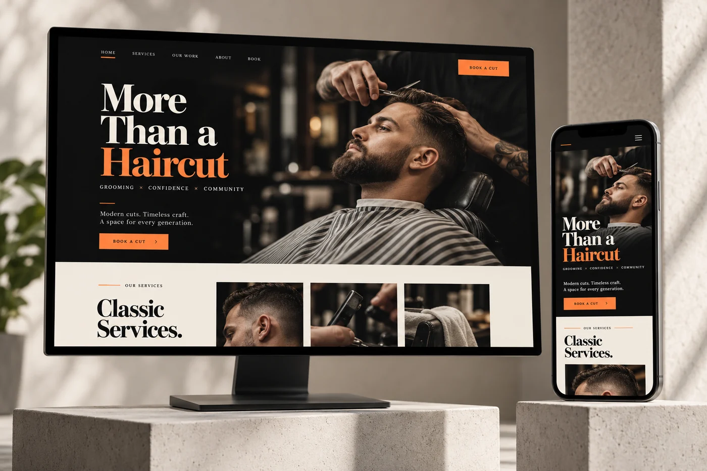 Barbershop website design concept displayed on desktop and mobile screens