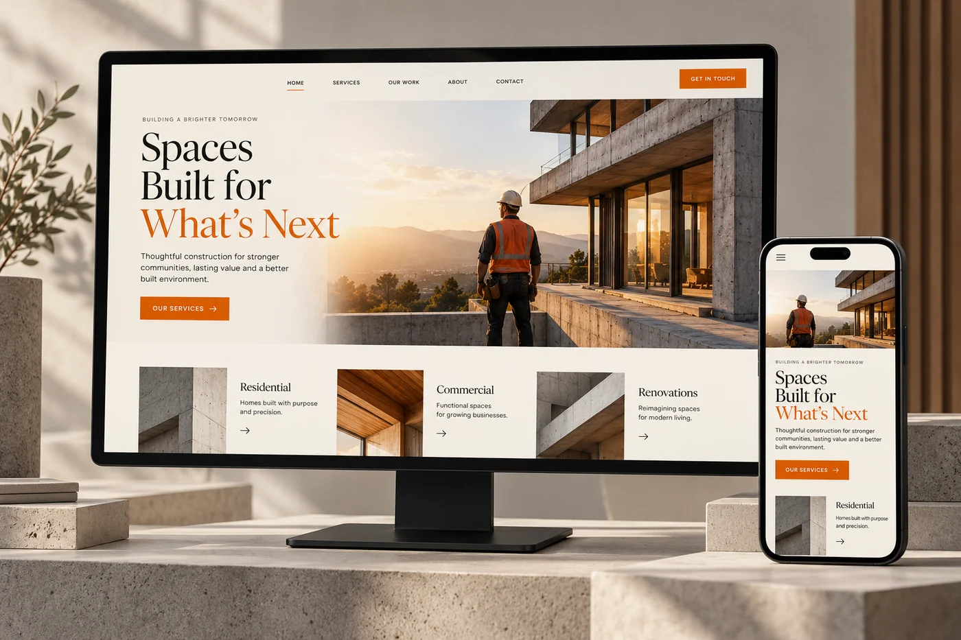 Construction company website concept shown in desktop and mobile layouts