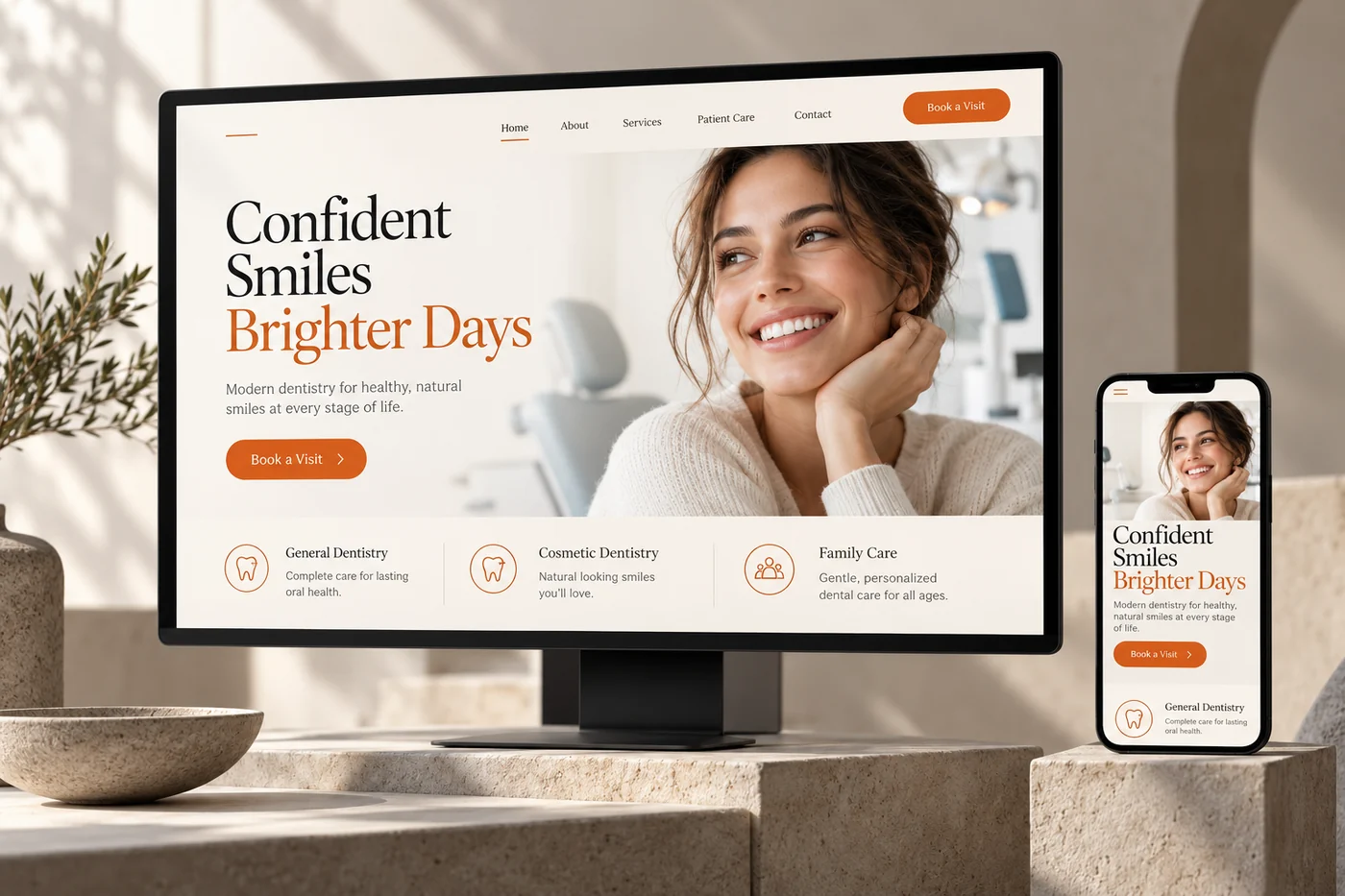 Dental practice website concept displayed on desktop and mobile screens