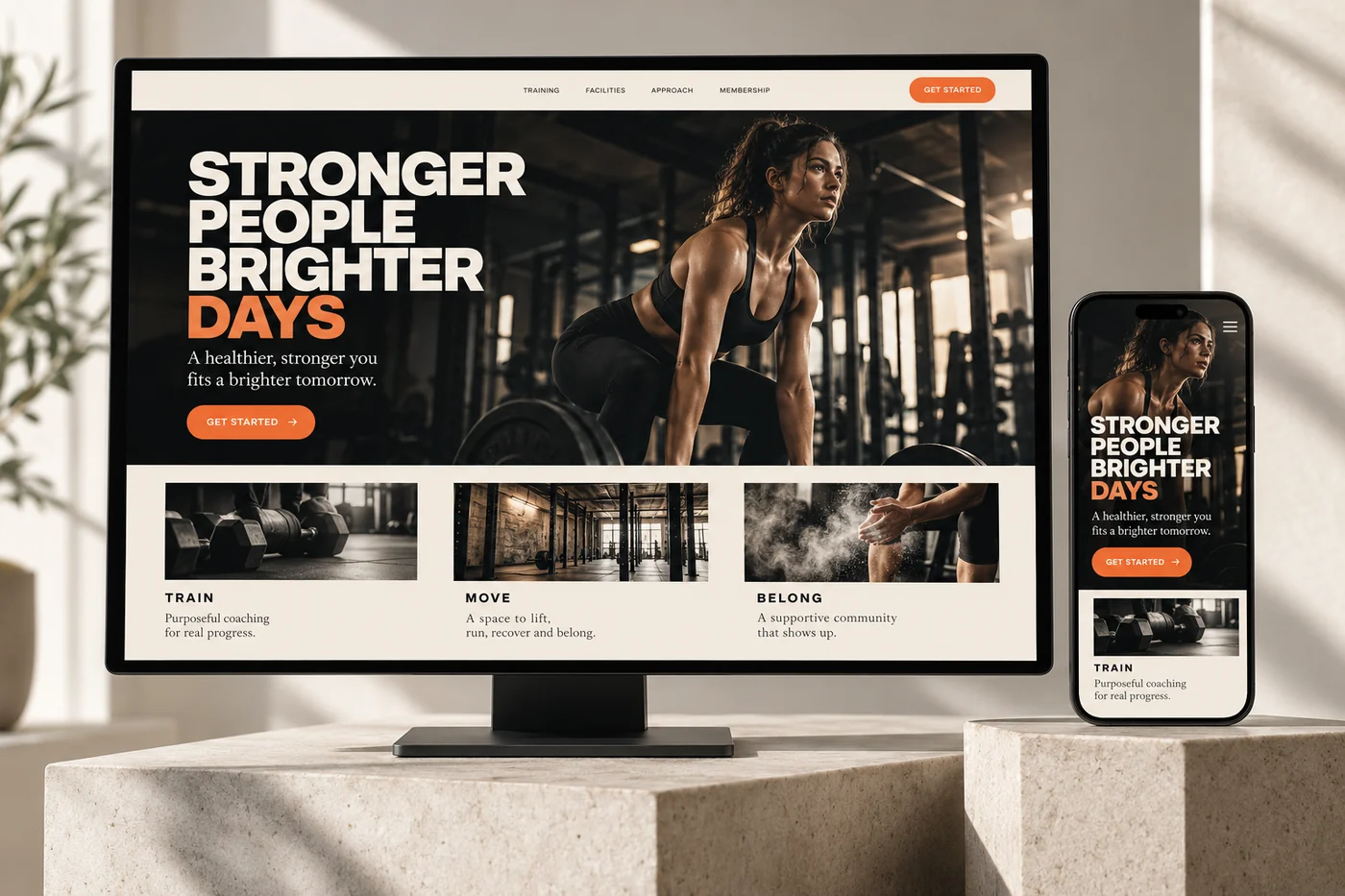 Gym and personal trainer website concept shown on desktop and mobile screens