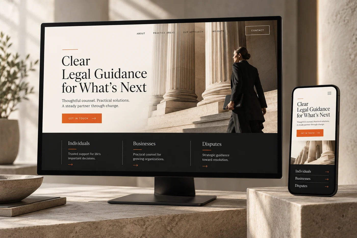 Law firm website design concept displayed on desktop and mobile screens