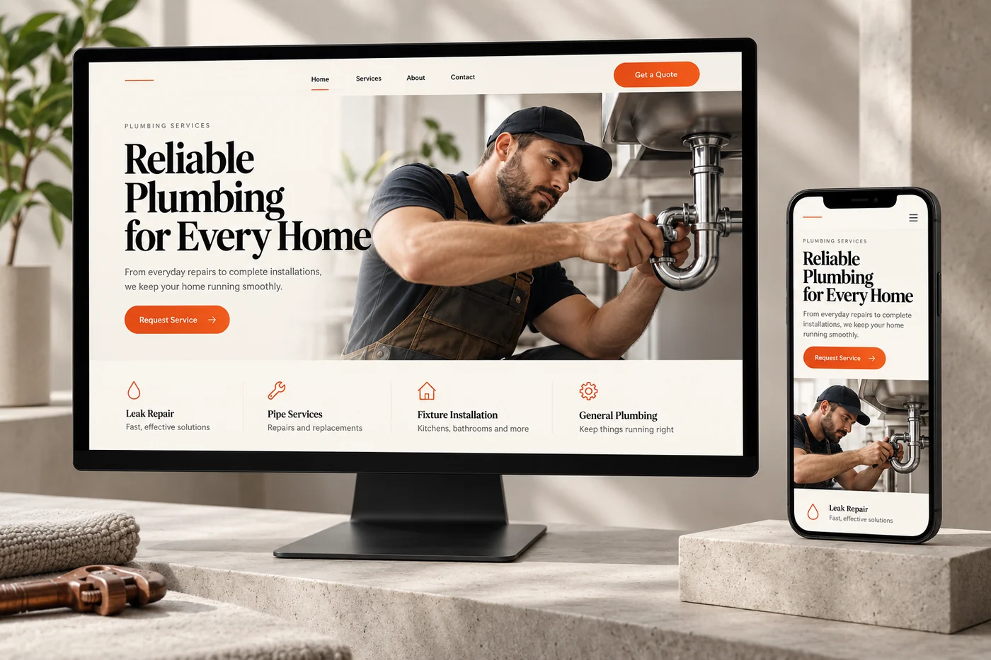 Plumbing business website concept displayed on desktop and mobile screens