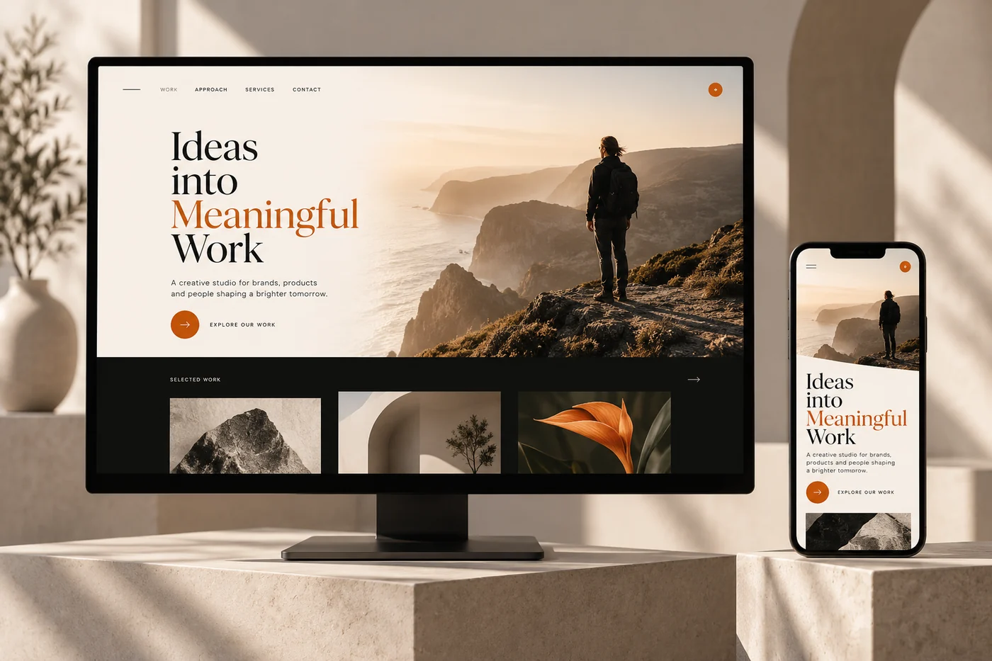 Creative portfolio website concept shown on desktop and mobile screens