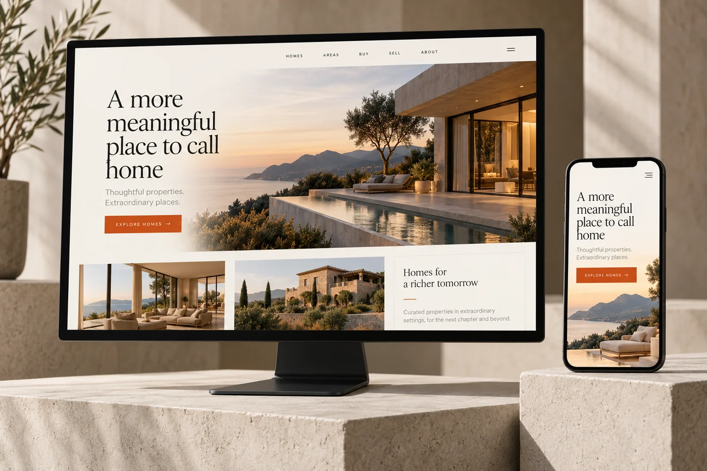 Real estate website design concept displayed in desktop and mobile layouts