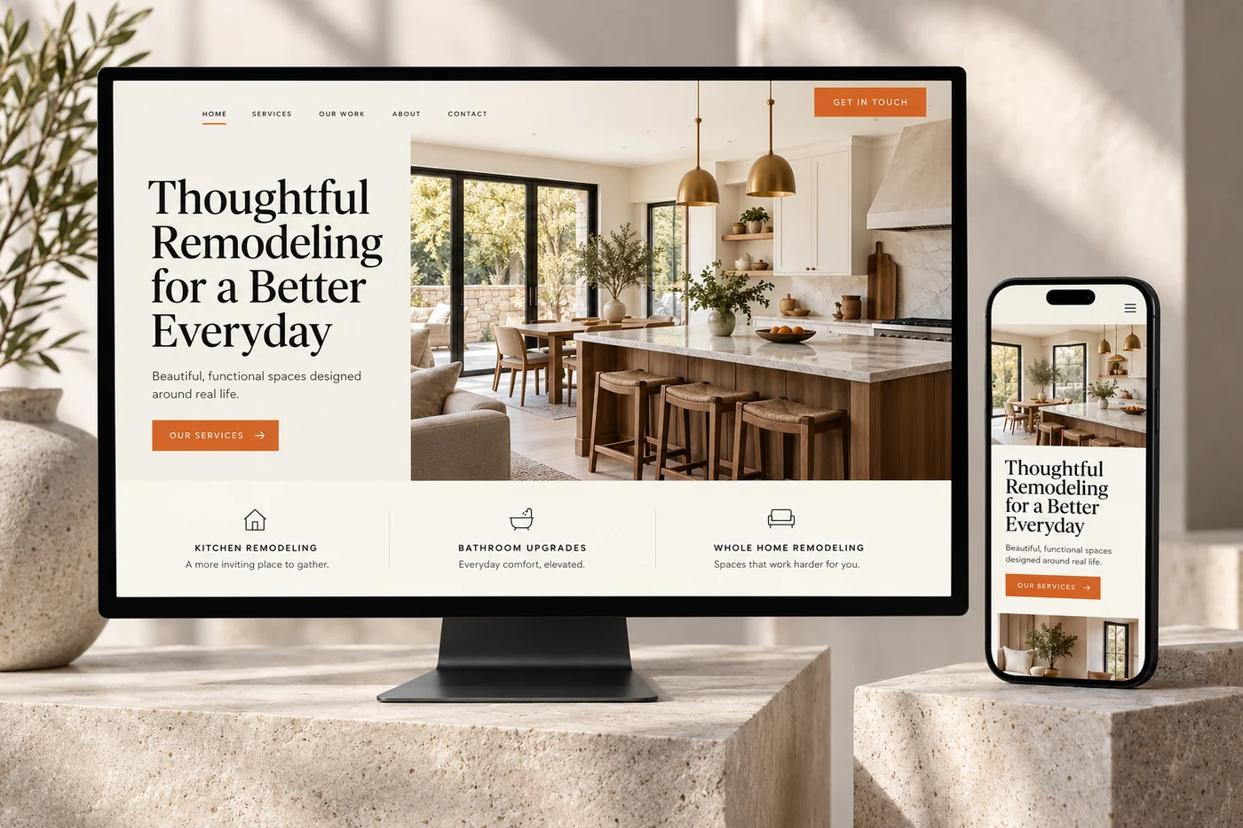 Renovation and remodeling website concept previewed on desktop and mobile screens