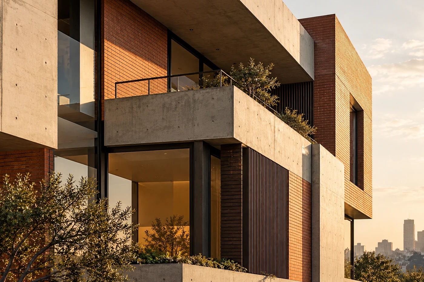 Illustrative contemporary urban construction with concrete and brick geometry