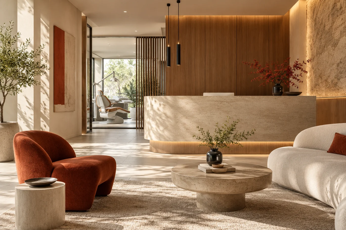 Illustrative contemporary dental reception with warm wood and ivory stone