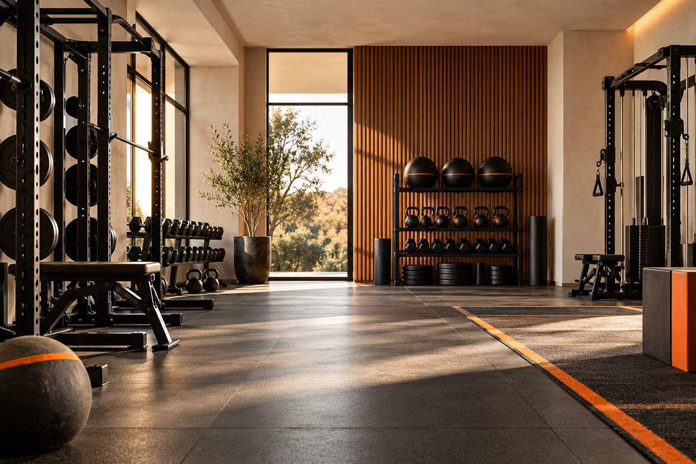 Illustrative boutique training studio with black strength equipment and an orange accent