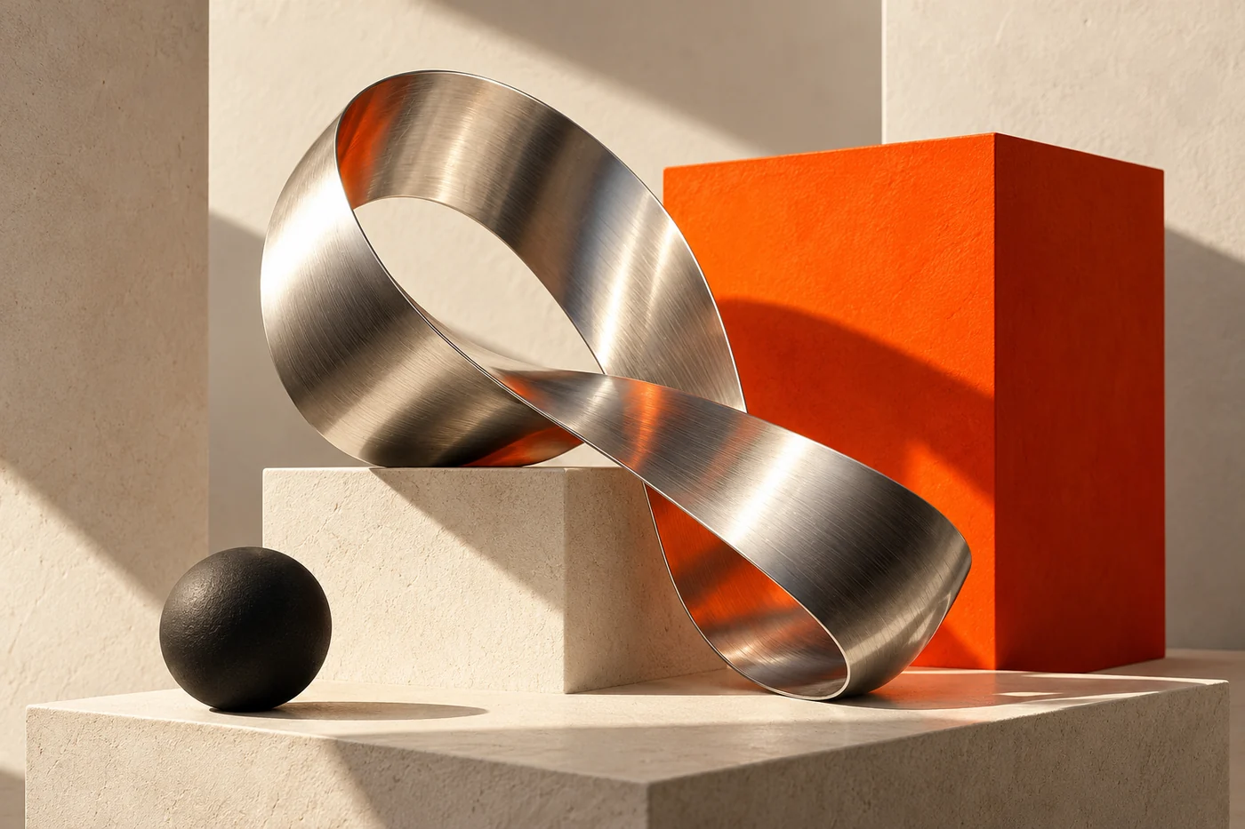 Abstract chrome loop with a vermilion block on ivory stone plinths
