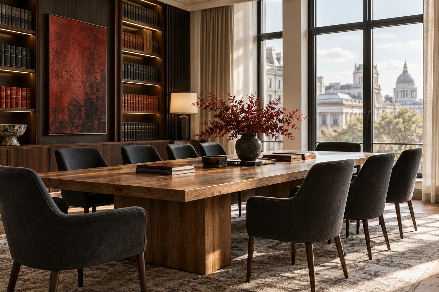 Illustrative professional meeting room with oak furniture, books and large windows