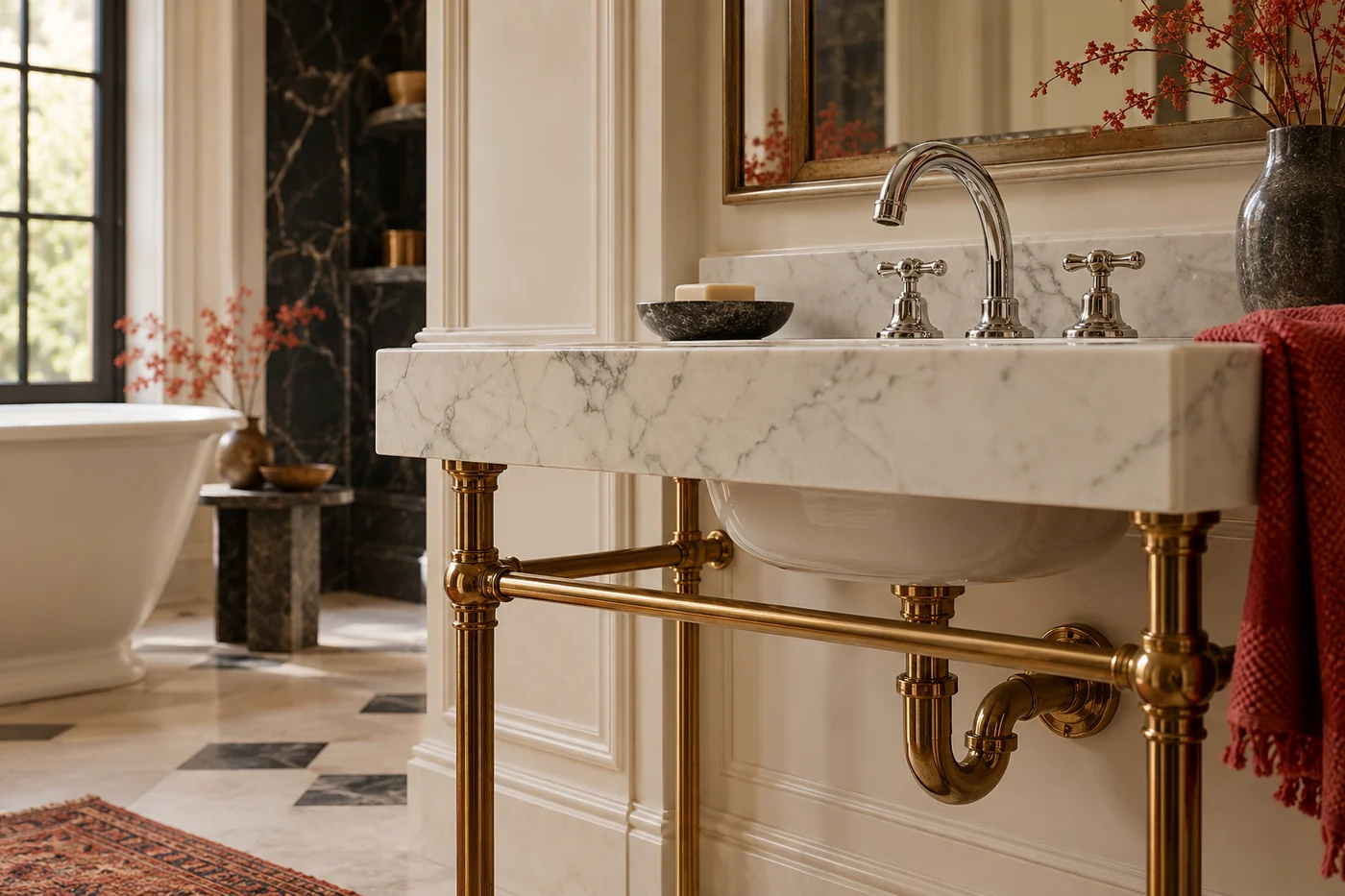 Illustrative chrome faucet and brass plumbing craftsmanship detail