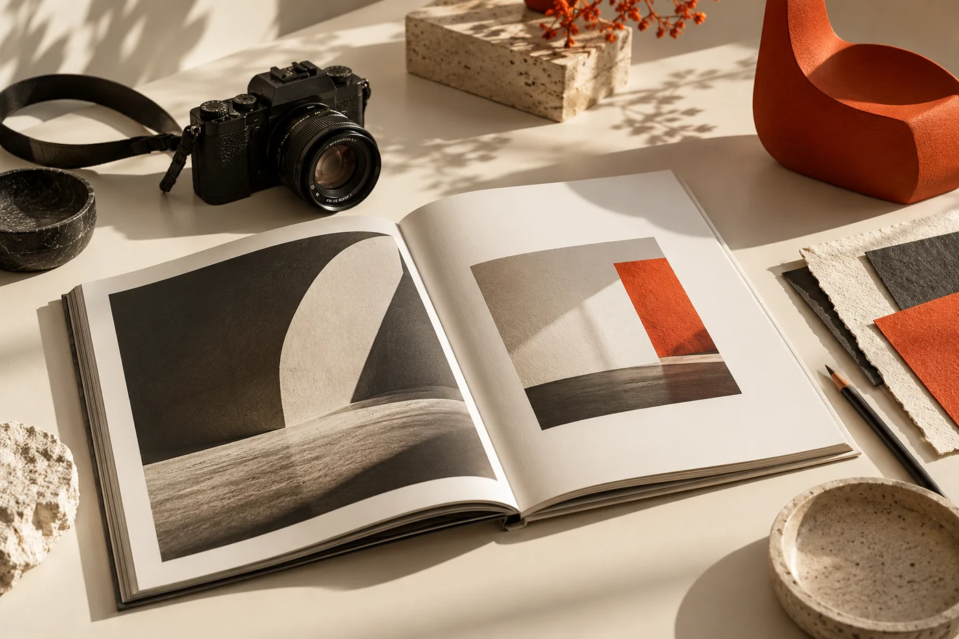 Illustrative creative desk with an open portfolio, camera and orange sculptural object