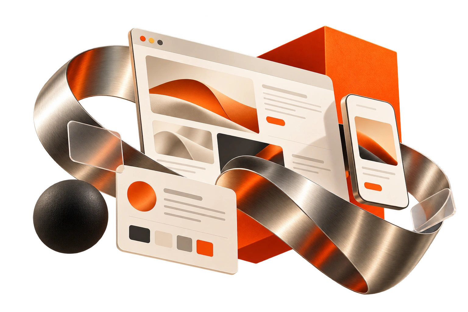 Floating desktop and mobile website layouts with cream and orange UI panels and a silver ribbon