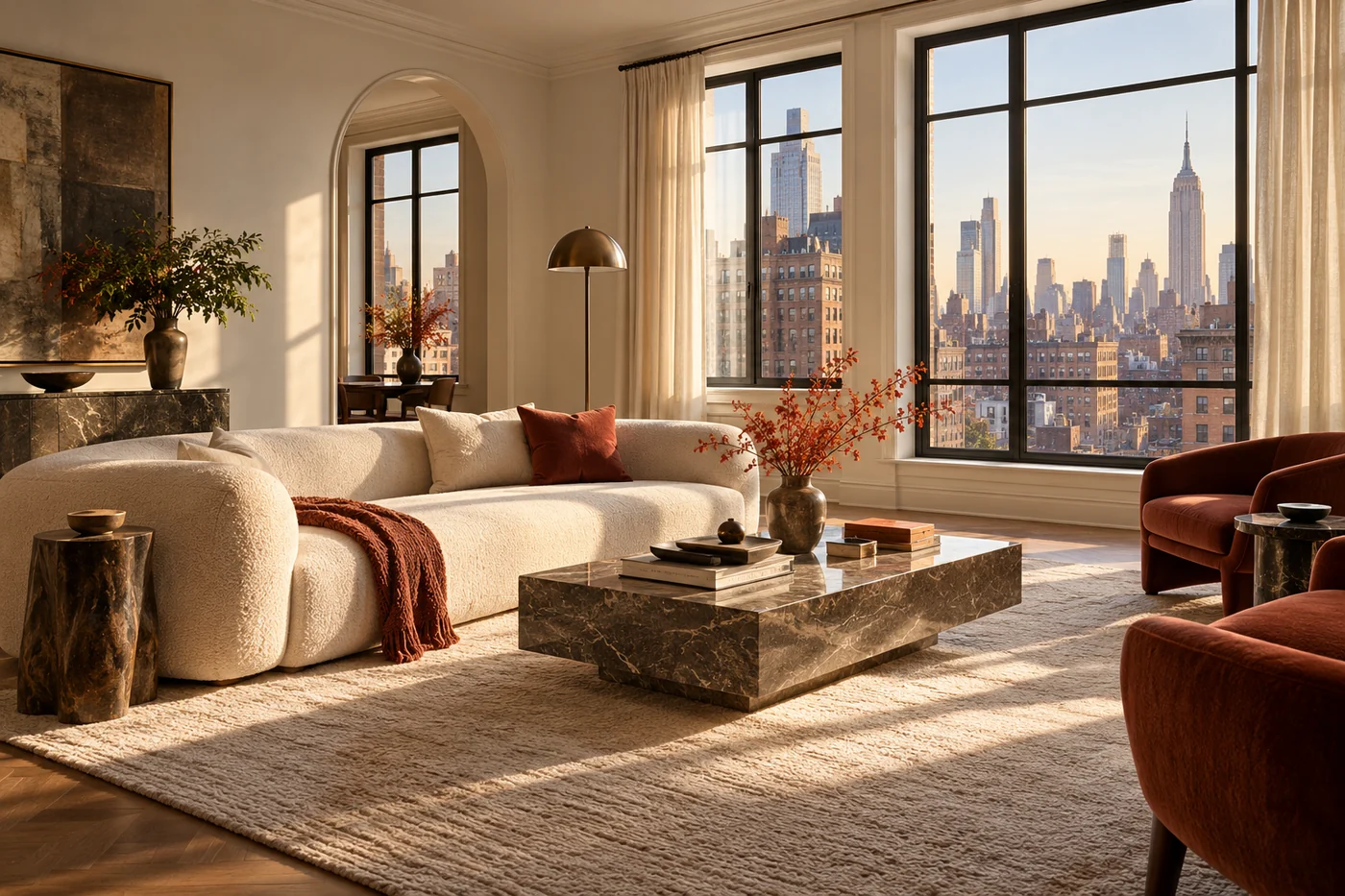 Illustrative city apartment living room with large windows and warm minimal furniture
