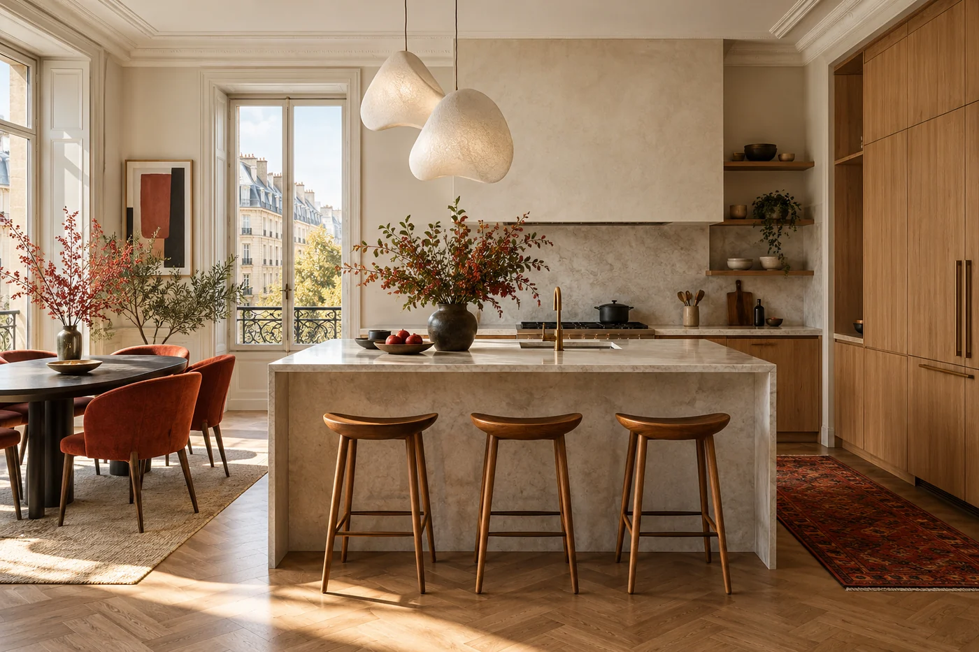 Illustrative renovated kitchen with oak cabinets and a pale stone island