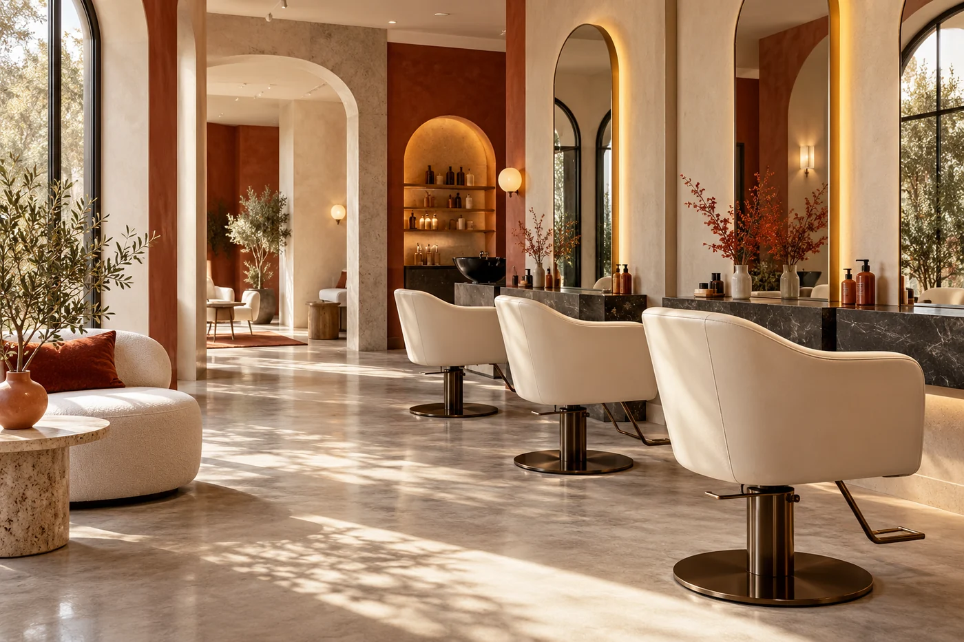 Illustrative beauty salon with cream styling chairs, mirrors and terracotta details